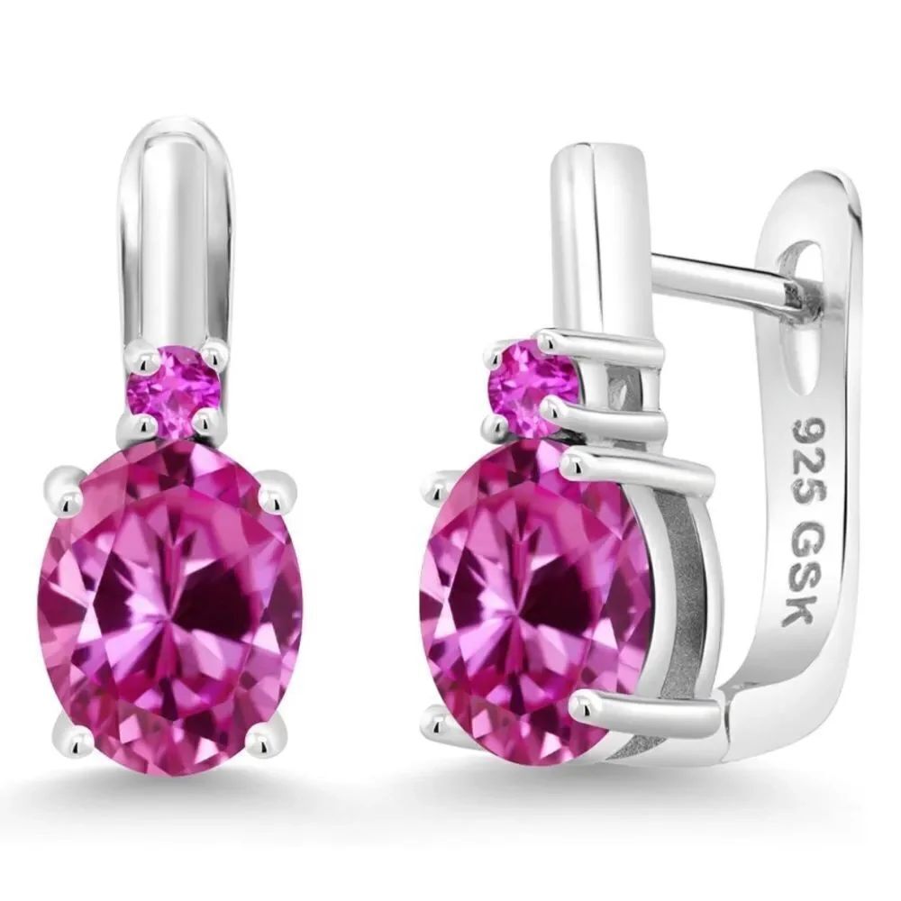 925 Sterling Silver with 4.96 Cttw Pink Sapphire Oval French Lock Drop Earrings